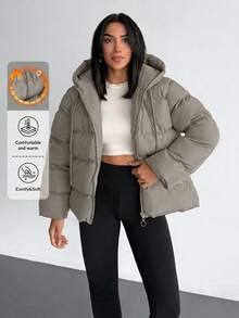 EURMUSE Solid Color, Zip Up, Hooded Autumn Winter Coat Everyday Travel Grey Casual - Beige - View 1