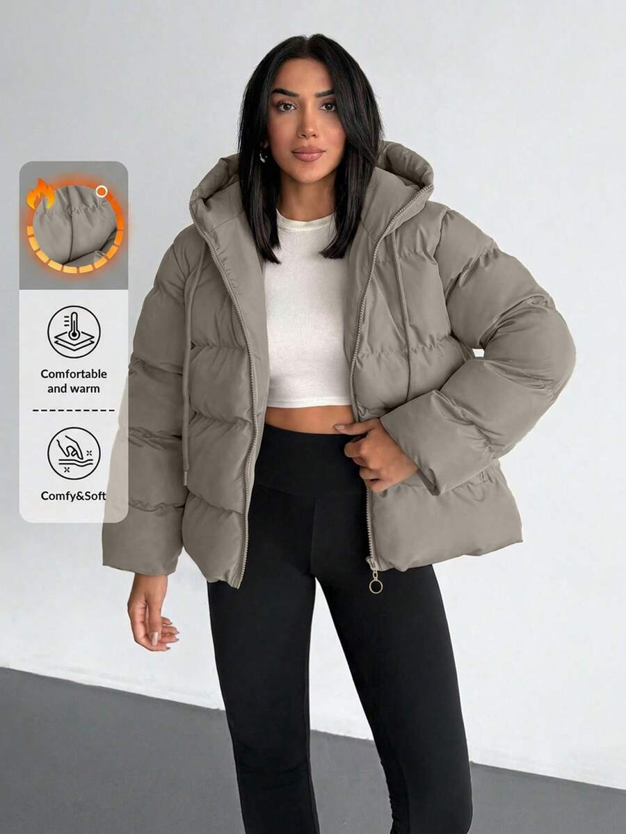 EURMUSE Solid Color, Zip Up, Hooded Autumn Winter Coat Everyday Travel Grey Casual - Beige - View 1