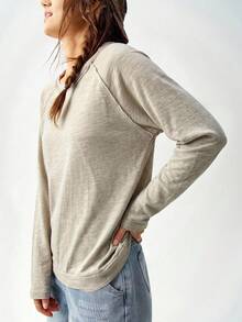 Bohemela Vacation Solid Color Knit Round Neck Raglan Sleeve Long Loose Fit Women T-Shirt Everyday Grey Autumn Casual - Beige - View 3