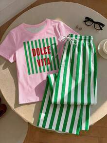 Comfortcana Women's Minimalist Letter Print Crew Neck T-Shirt And Striped Drawstring Waist Pocket Pants 2-Piece Set - Multicolor - View 4