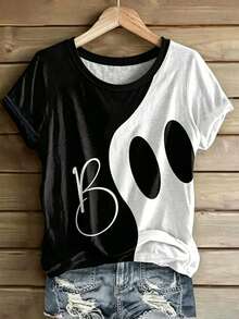 EMERY ROSE Women's Halloween Crew Neck Tee With BOO Ghost Print, Retro Fun Style, Regular Fit Short Sleeve Top For Spring & Summer - Multicolor - View 1