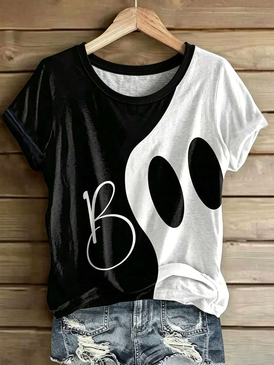 EMERY ROSE Women's Halloween Crew Neck Tee With BOO Ghost Print, Retro Fun Style, Regular Fit Short Sleeve Top For Spring & Summer - Multicolor - View 1