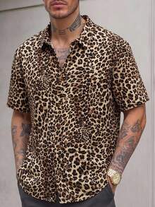 HIMLAND Men's Plus Size Leopard Print Short Sleeve Single-Breasted Casual Shirt - Apricot - View 1