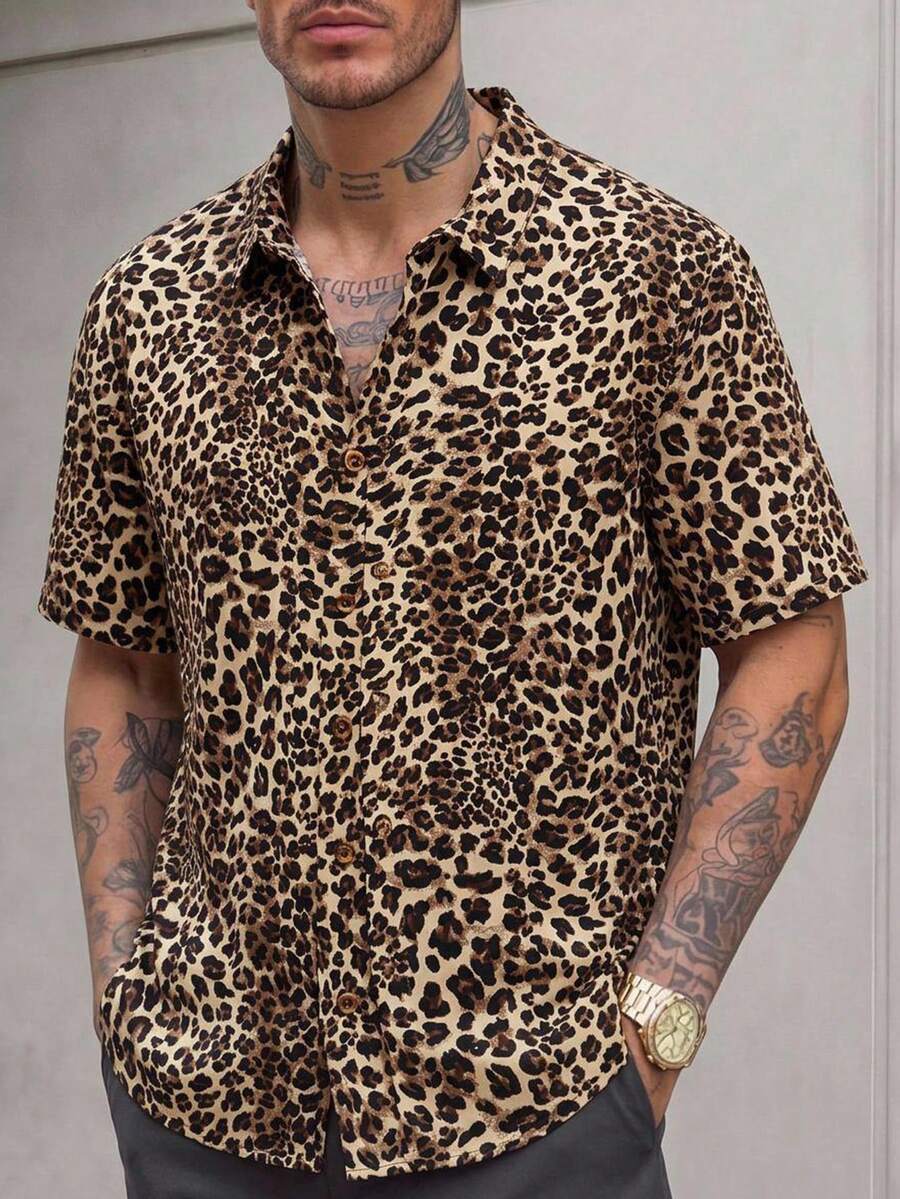HIMLAND Men's Plus Size Leopard Print Short Sleeve Single-Breasted Casual Shirt - Apricot - View 1