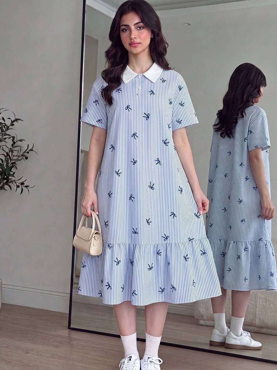 SHEIN 青少年女孩 Polo 領藍白條紋櫻桃印花短袖中長洋裝,返校季 - 藍色 - 查看 1