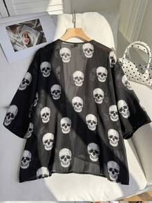 SHEIN EZwear 大尺碼女款骷髏印花短袖寬鬆夾克 - 黑與白 - 查看 2
