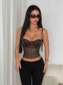 SHEIN PETITE 女款蕾絲飾邊波點性感約會細肩帶背心上衣 - 棕色 - 查看 3