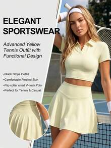 CourtClass Summer Casual Colorblock Short Sleeve Cropped Sports Polo Shirt & Tennis Skirt - Yellow - View 1