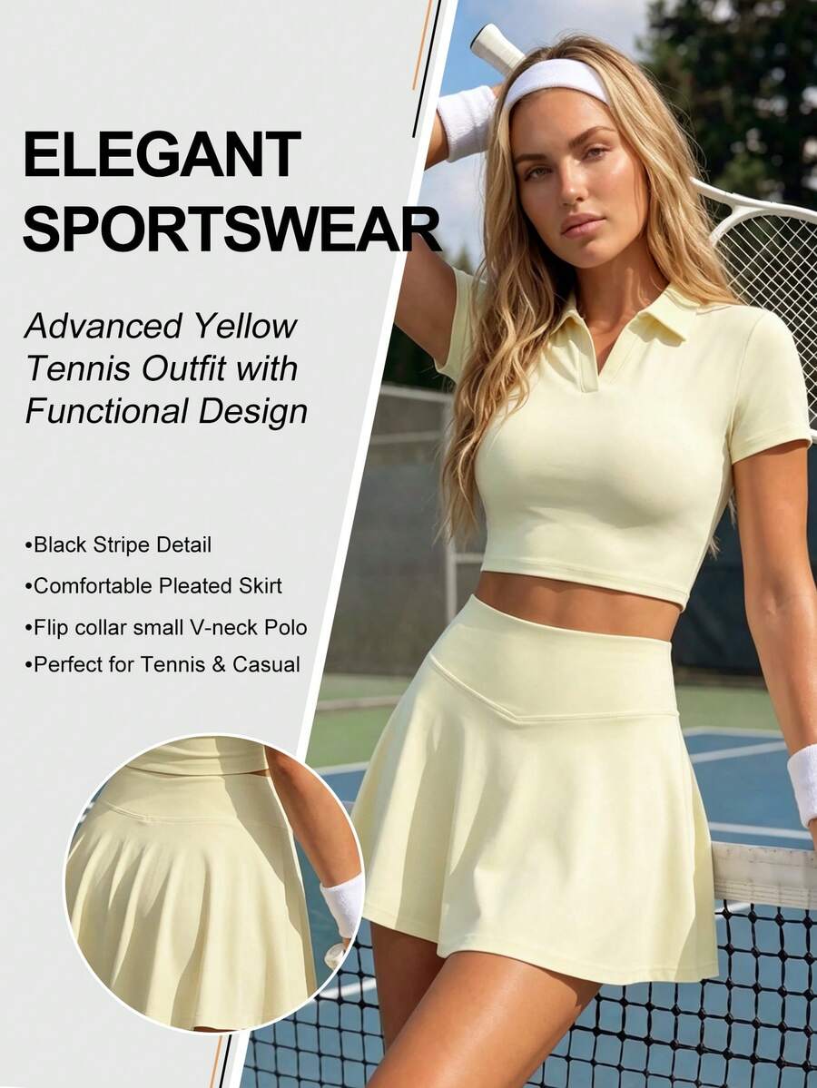 CourtClass Summer Casual Colorblock Short Sleeve Cropped Sports Polo Shirt & Tennis Skirt - Yellow - View 1