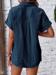 Balvessa Women Blouses Kantong Tombol Depan Plain Casual - Navy Blue - View 2