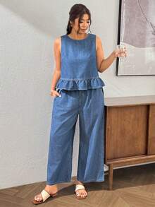 Lounesse Plus Size Ruffle Vest Denim Pants 2 Pieces Set Halloween Waist Wide Leg Capri Denim Loose Casual Denim Matching Outfit Country Vacation Summer Beach - Blue - View 7