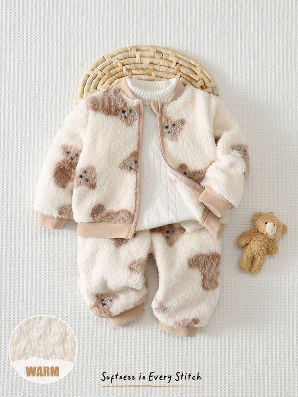 Cozy Pixies Baby Jungen Hemd Set 2 Stücke/Set Fleece Teddybär Muster Plüschjacke gestricktes Top Sweatshirt und Jogginghose lange Hose Farbblock Set, Herbst/Winter