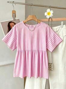 SHEIN EZwear 女款圓領條紋百褶休閒日常通勤襯衫 - 粉色 - 查看 3