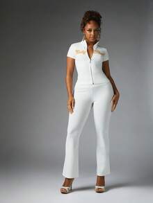 BABYPHAT High Rise Bootcut Pants With Signature Logo Bum Print Flared Hem Full Length Casual Stretch - White - View 3