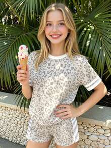 SHEIN Summer/Autumn Girls Casual Fashion Creative Leopard Print Daily Style Comfortable Short Sleeve T-Shirt Set, Suitable For Girls To Wear Comfortable Summer/Autumn Style, Simple Daily Style Outfit - Multicolor - View 3