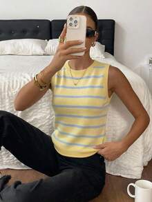 Muvela Casual Preppy Blue And Yellow Base With Stripes Back-To-School Versatile Women's Sweater Vest Suitable For Autumn And School - Multicolor - View 7