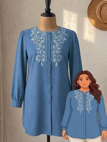 Veilorie Plus Size Elegant Fashion Embroidered Single-Breasted Shirt For Vacation And Dating - Blue - View 8