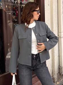 Modelyn Spring/Autumn Simple Fashion Elegant Round Neck Metal Button Slimming Versatile Daily Commute Women's Jacket - Grey - View 5