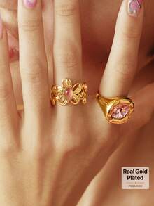 Glisma Cincin Emas 18k Berlapis Emas dengan Motif Bunga, Batu Geometris, Sederhana, Elegan/Mewah/Klasik, Cocok untuk Musim Panas/Pantai/Pesta Dansa/Pesta, Berlapis/Batu Permata/Seksi/Vintage - Yellow Gold - View 2