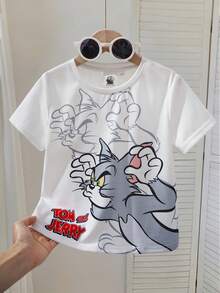 TOM & JERRY X SHEIN 少女卡通印花圓領短袖休閒T恤 - 白色 - 查看 3