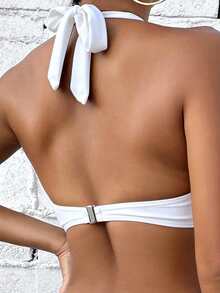Voyashape Summer Beach Solid Color Halterneck Swimwear Top - White - View 3
