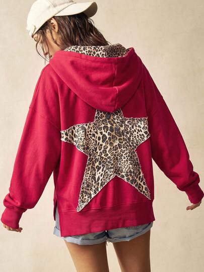 Bohemela Áo nỉ hoodie nữ họa tiết da báo phối ngôi sao