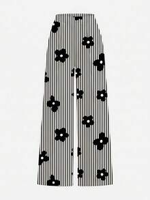 Vintage Black & White Contrast Striped Floral Print, Teen Girls Hooded Sweatshirt & Loose Straight Leg Sweatpants 2-Piece Set, Suitable For Daily Commute, Date, Party, Autumn/Winter/Spring/Summer, Beach, Graduation Ceremony, Fashion, Elegant, Casual, Outing, Appointment, Vacation, Y2K - Multicolor - View 9