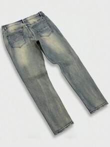 Manfinity EMRG Men's Vintage Washed Blue Distressed Ripped Denim Jeans, Slim Fit Stretch Long Pants - Light Wash - View 5