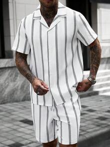 Manfinity CasualCool 男士夏季休閒條紋襯衫短褲套裝 - 黑與白 - 查看 6
