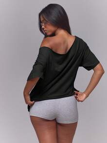 MUSERA Black Jersey Slouchy Off The Shoulder Raw Hem Cinched Gathered Waist Longline Oversized Tee - Black - View 5
