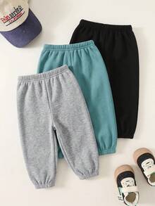 SHEIN 3件組小男孩休閒百搭彈性腰運動長褲 兒童慢跑褲 多件組 - 彩色 - 查看 2