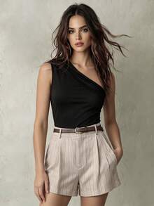 Franclia Women's Summer 2 Pieces Set Elegant Black One-Shoulder Ruched Fitted Camisole Top And Khaki Textured Black And White Striped Shorts With Belt Brunch - Khaki - View 1