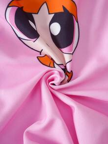 THE POWERPUFF GIRLS X SHEIN 青少年女孩卡通印花拼色連體泳衣搭配抽繩腰條紋短褲泳裝套裝 - 粉色 - 查看 7