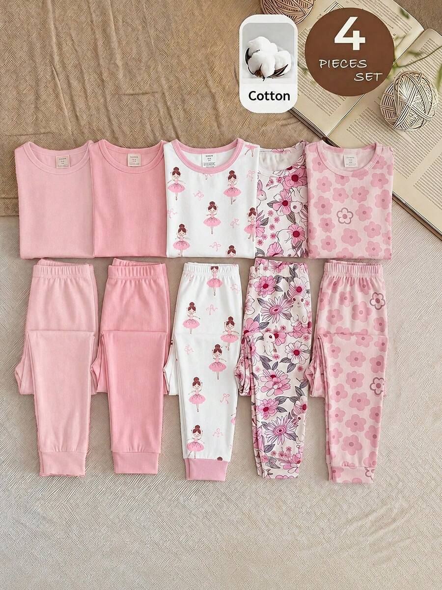 SHEIN 少女休閒簡約修身舒適圓領短袖長褲家居服套裝,2件組,貼身剪裁 - 淺粉色 - 查看 1