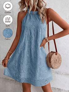SHEIN Holidaya 女款鏤空刺繡匙孔露背掛脖式長版上衣洋裝 度假海灘穿搭 - 藍色 - 查看 3
