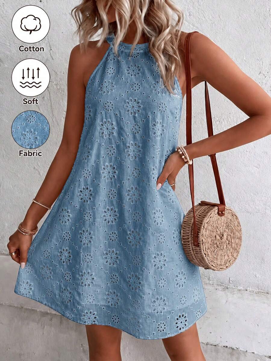 SHEIN Holidaya Eyelet Embroidery Keyhole Back Halter Neck Tunic Dress Vacation Beach Outfits Women - Blue - View 1