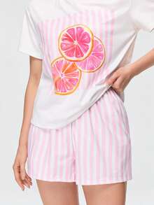 Bonmuse Women's Pink Striped Grapefruit Short Sleeve T-Shirt And Shorts Pajama Set - Red - View 7