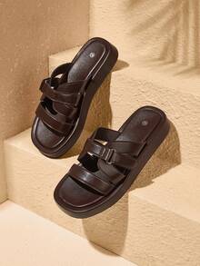 HighSole Double Metal Buckle Design Thick Bottom Casual Simple Comfortable Cool Slippers Holiday Beach - Coffee Brown - View 1