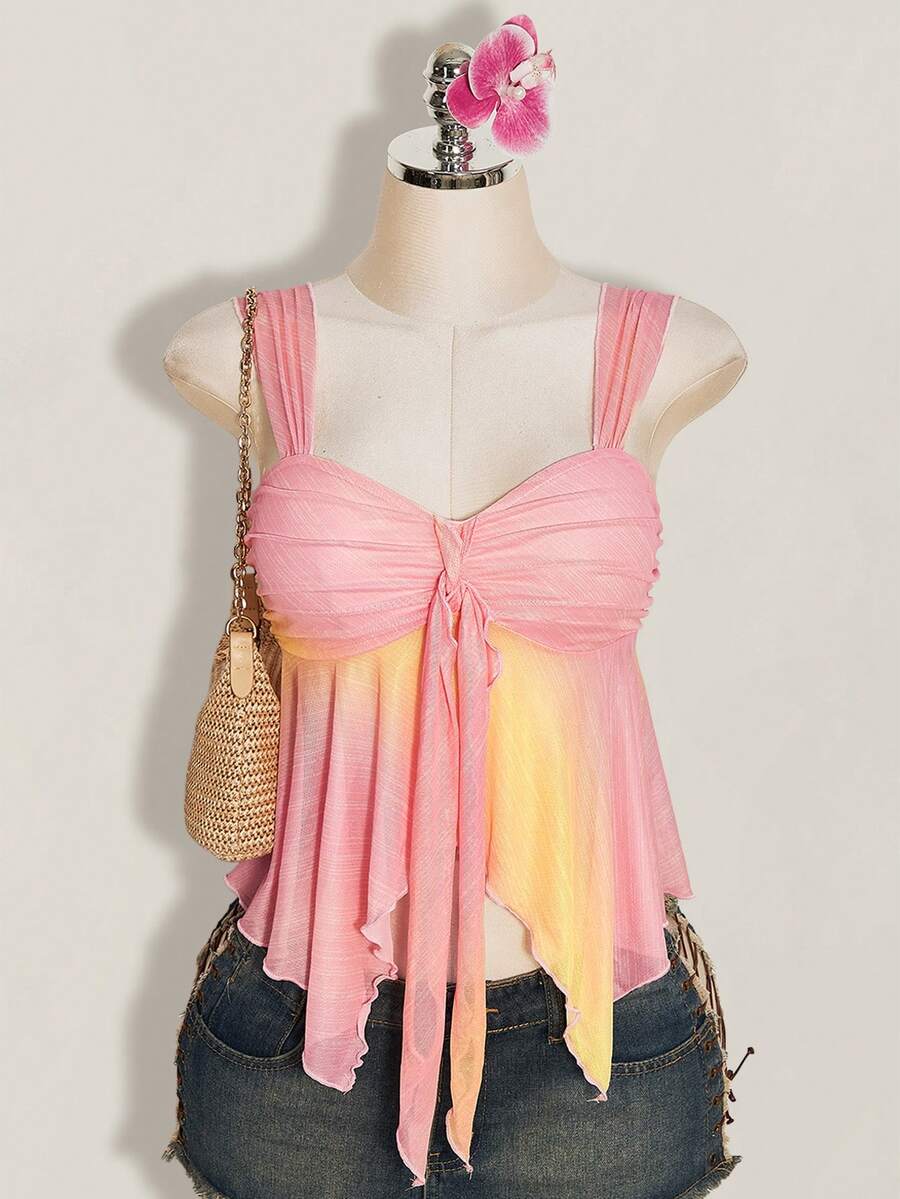 SHEIN ICON Women's Asymmetrical Ombre Mesh Ruffle Hem Camisole - Pink - View 1