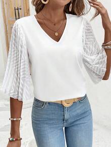EMERY ROSE Loose Fit Mesh Contrast V-Neck Shirt - White - View 5
