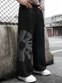 SLATEMANN 男士時尚百搭印花抽繩腰休閒運動長褲 - 黑色 - 查看 6