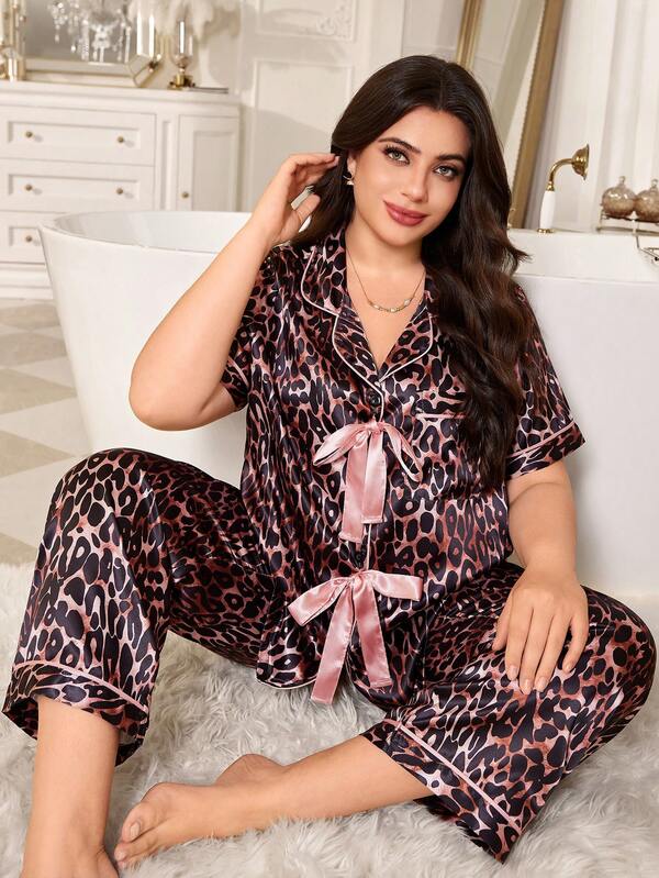 MuseNap CURVE Plus Size Elegant Leopard Print Lapel Satin Bow Tie Short Sleeve Long Pants Pajama Set