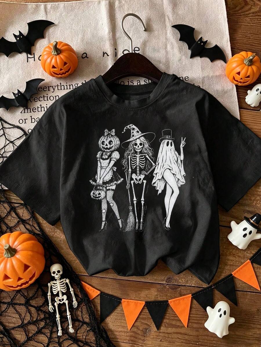 EMERY ROSE 萬聖節 Spooky Girl Squad T恤-骷髏鬼魂南瓜女巫秋季款T恤 - 黑色 - 查看 1
