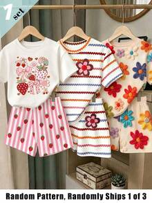 Elladie kids (Patrón aleatorio, 1 set aleatorio) Camiseta básica corta y shorts para niñas con estampado fresco de fresa, lazo, corazón, rayas rosas y blancas, y patrón floral colorido a rayas - Multicolor - Ver 1