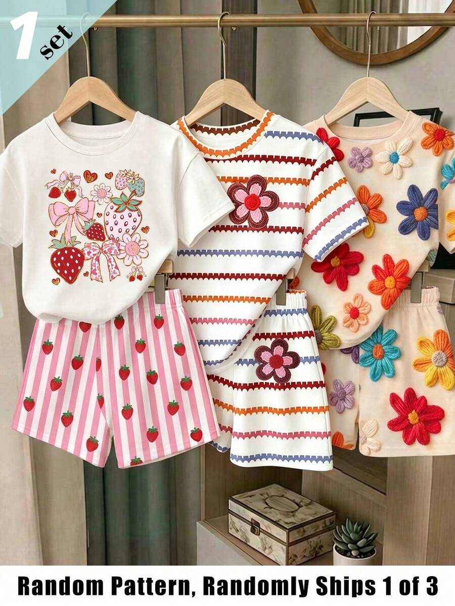 Elladie kids (Patrón aleatorio, 1 set aleatorio) Camiseta básica corta y shorts para niñas con estampado fresco de fresa, lazo, corazón, rayas rosas y blancas, y patrón floral colorido a rayas - Multicolor - Ver 1