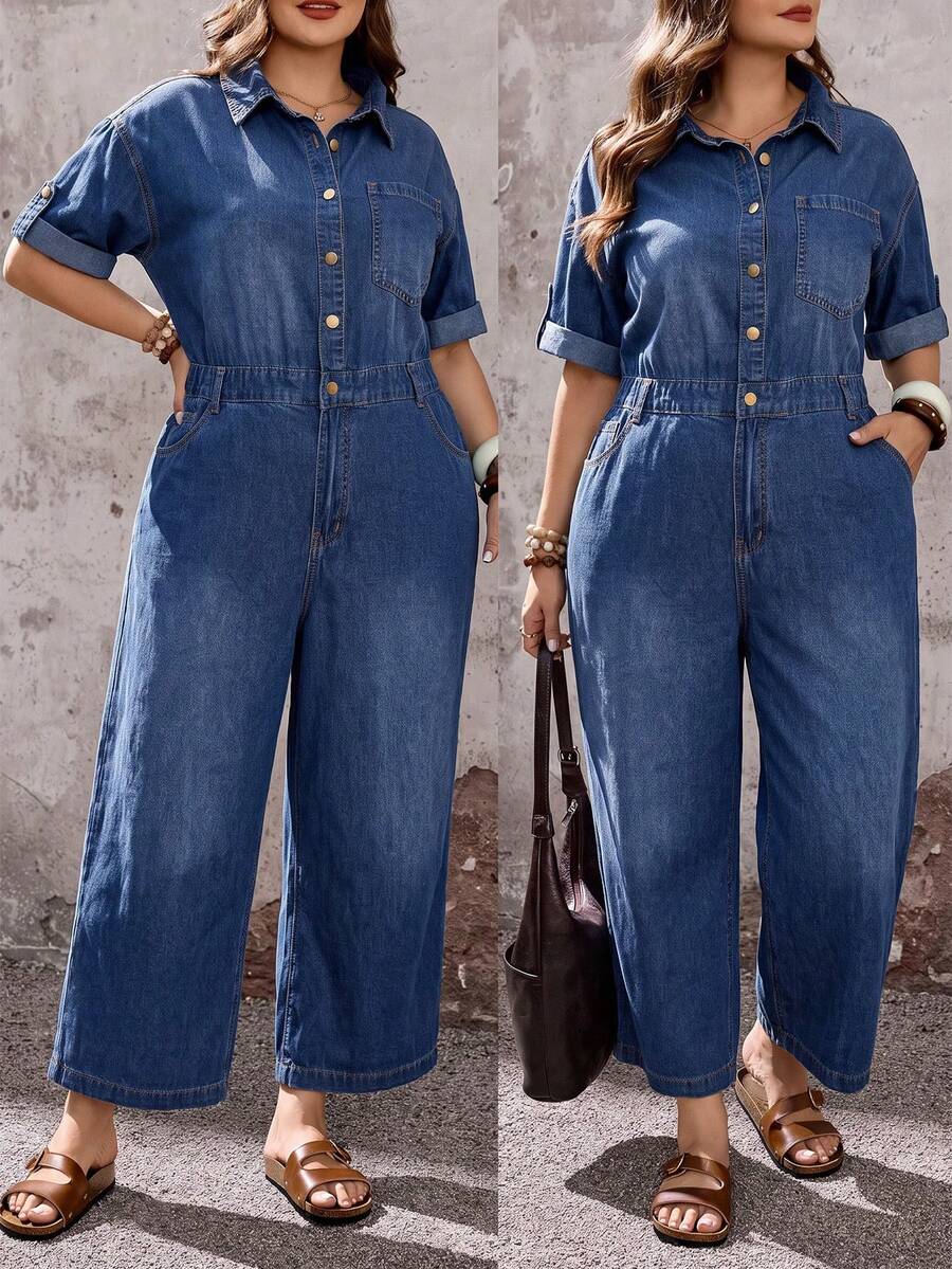 EMERY ROSE EMERY ROSE Plus Size Fashion Button Short Sleeve Pocket Denim Jumpsuit,Halloween Vacation Outfits Dates Vacation Blue Summer Normal Traditional - Blue - View 1