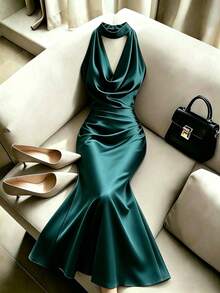 SHEIN Franclia Elegant Solid Color Cowl Neck Backless Halter Dress - Dark Green - View 6