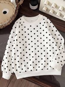 SHEIN 女童休閒日常時尚可愛俏皮波點圓領衛衣上衣 - 黑與白 - 查看 5