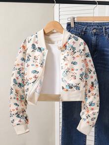 SHEIN Chaqueta Bomber Casual con Estampado Floral Digital para Niñas preadolescente, Puños Acanalados, Primavera y Otoño, Regreso a la Escuela - Albaricoque - Ver 1