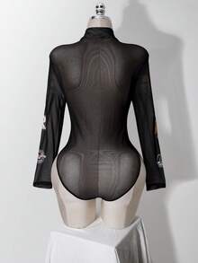 SHEIN ICON بودي سوت نسائي مقاس كبير بطبعة جرافيك أيقونة سباق وأكمام طويلة - الأسود - مشاهدة 2